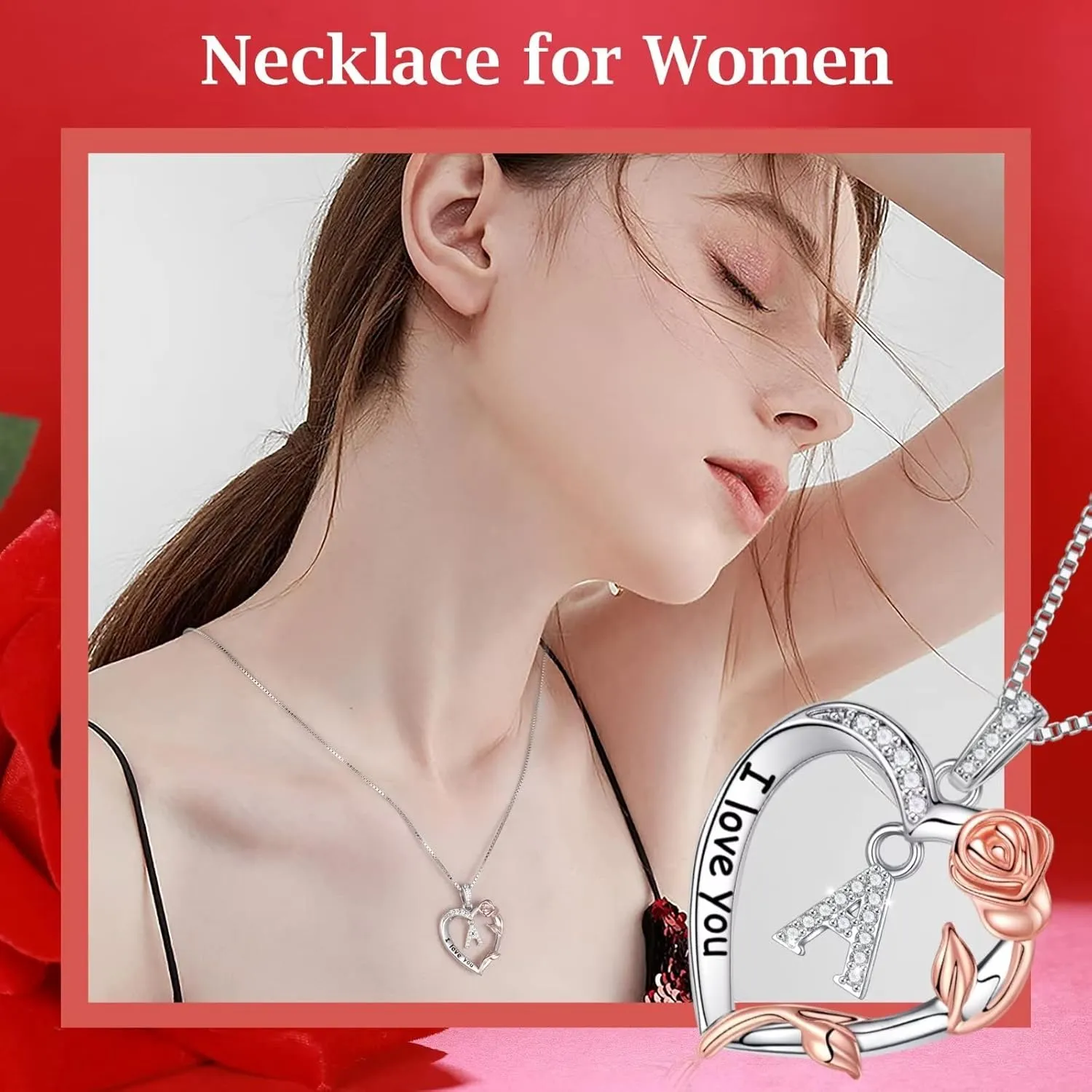 Christmas Jewelry for Women - S925 Sterling Silver Rose Heart Initial Necklace for Wife, Mom, Girlfriend