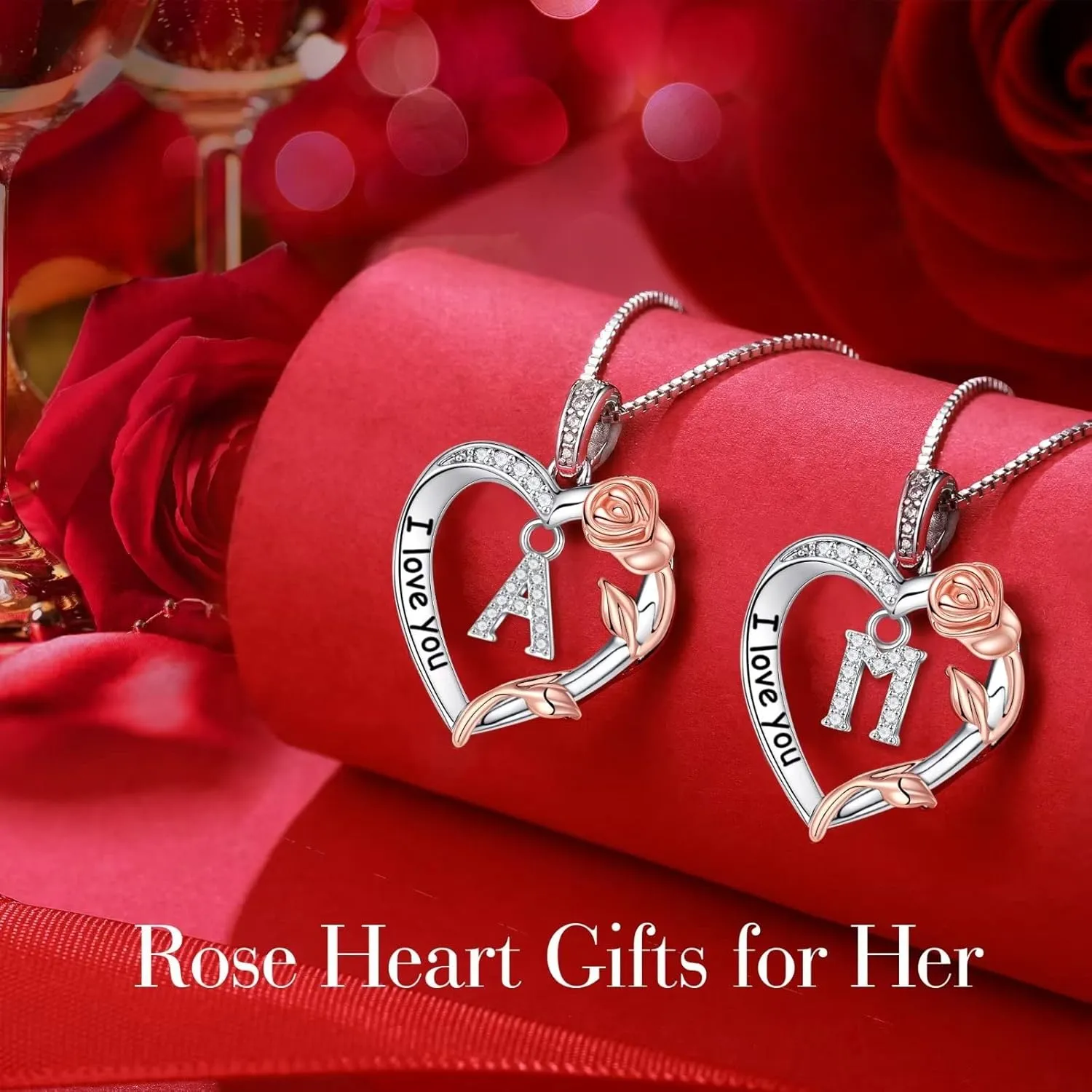 Christmas Jewelry for Women - S925 Sterling Silver Rose Heart Initial Necklace for Wife, Mom, Girlfriend