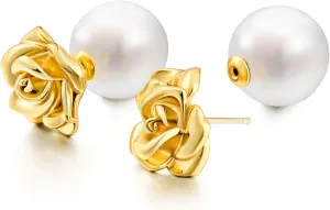 Cicy Bell Shell Pearl Ear Jackets Earrings for Women 18k Gold Plated Rose Stud Earrings Double Side Front Back Earrings Jewelry Gifts