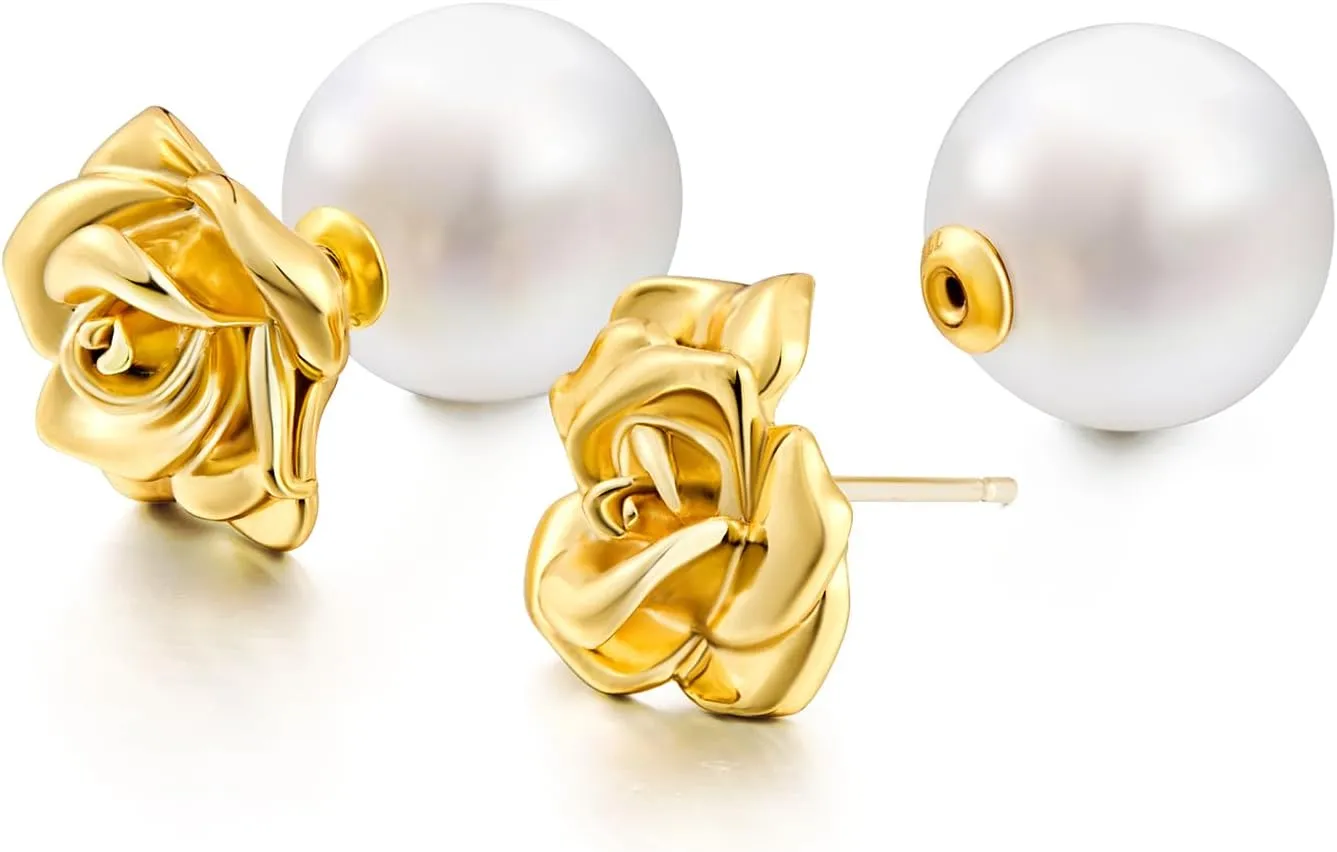 Cicy Bell Shell Pearl Ear Jackets Earrings for Women 18k Gold Plated Rose Stud Earrings Double Side Front Back Earrings Jewelry Gifts