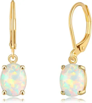 CiNily Oval Cut Opal Dangle Earrings for Women 14K Gold Plated Fire Opal Rhodium Plated Leverback Gemstone Drop Earrings Jewelry Mothers Day Gift for Her