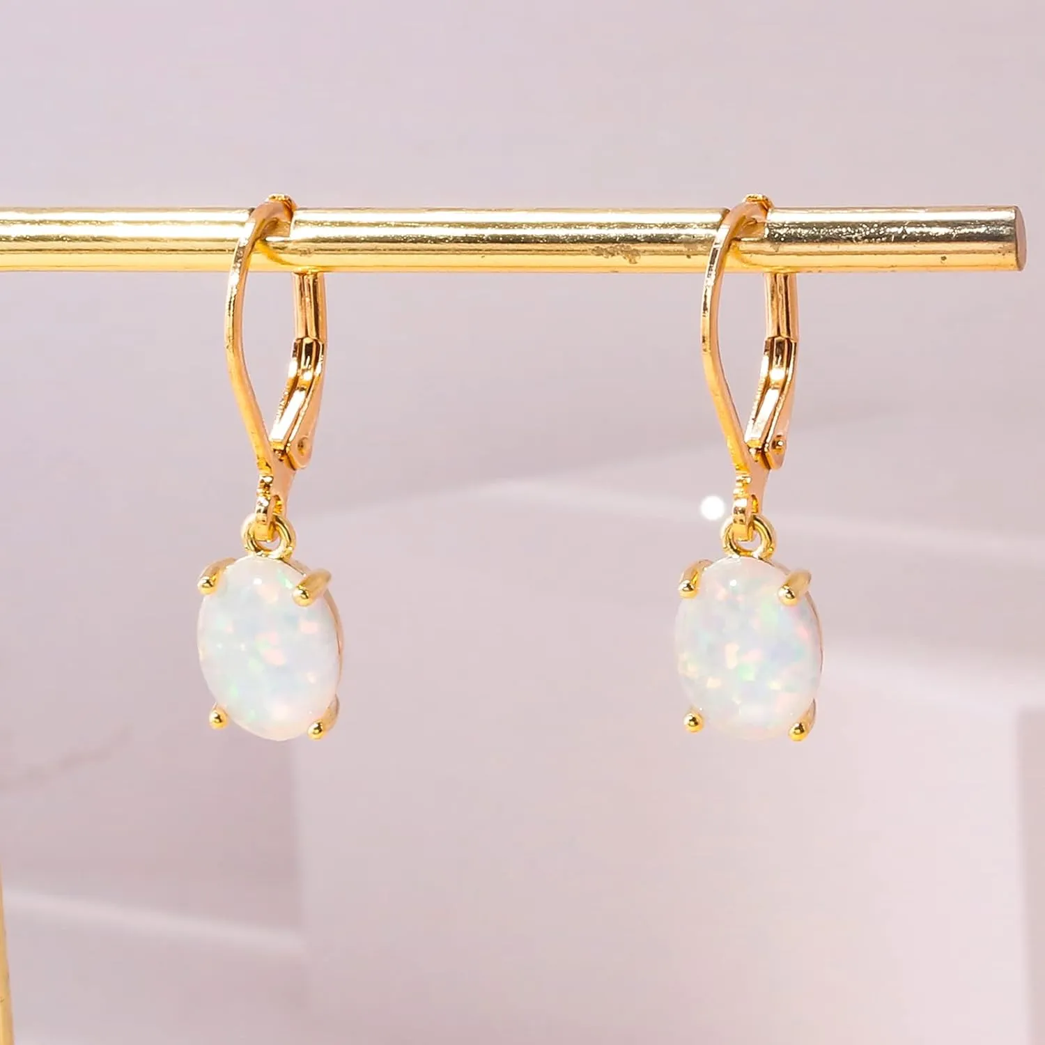CiNily Oval Cut Opal Dangle Earrings for Women 14K Gold Plated Fire Opal Rhodium Plated Leverback Gemstone Drop Earrings Jewelry Mothers Day Gift for Her