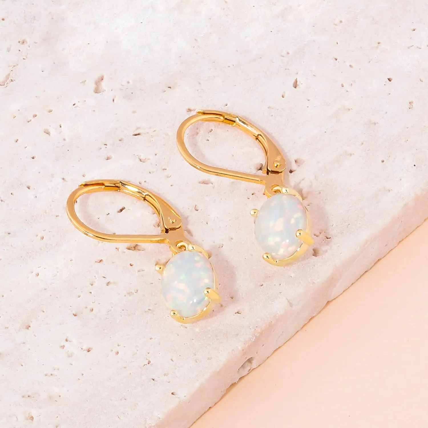 CiNily Oval Cut Opal Dangle Earrings for Women 14K Gold Plated Fire Opal Rhodium Plated Leverback Gemstone Drop Earrings Jewelry Mothers Day Gift for Her