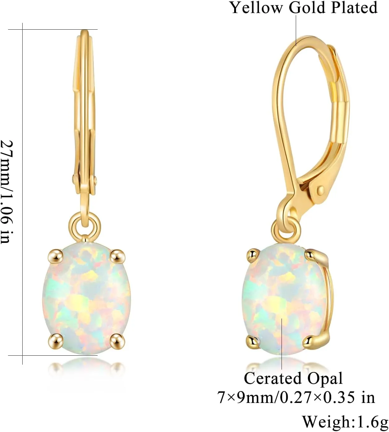 CiNily Oval Cut Opal Dangle Earrings for Women 14K Gold Plated Fire Opal Rhodium Plated Leverback Gemstone Drop Earrings Jewelry Mothers Day Gift for Her