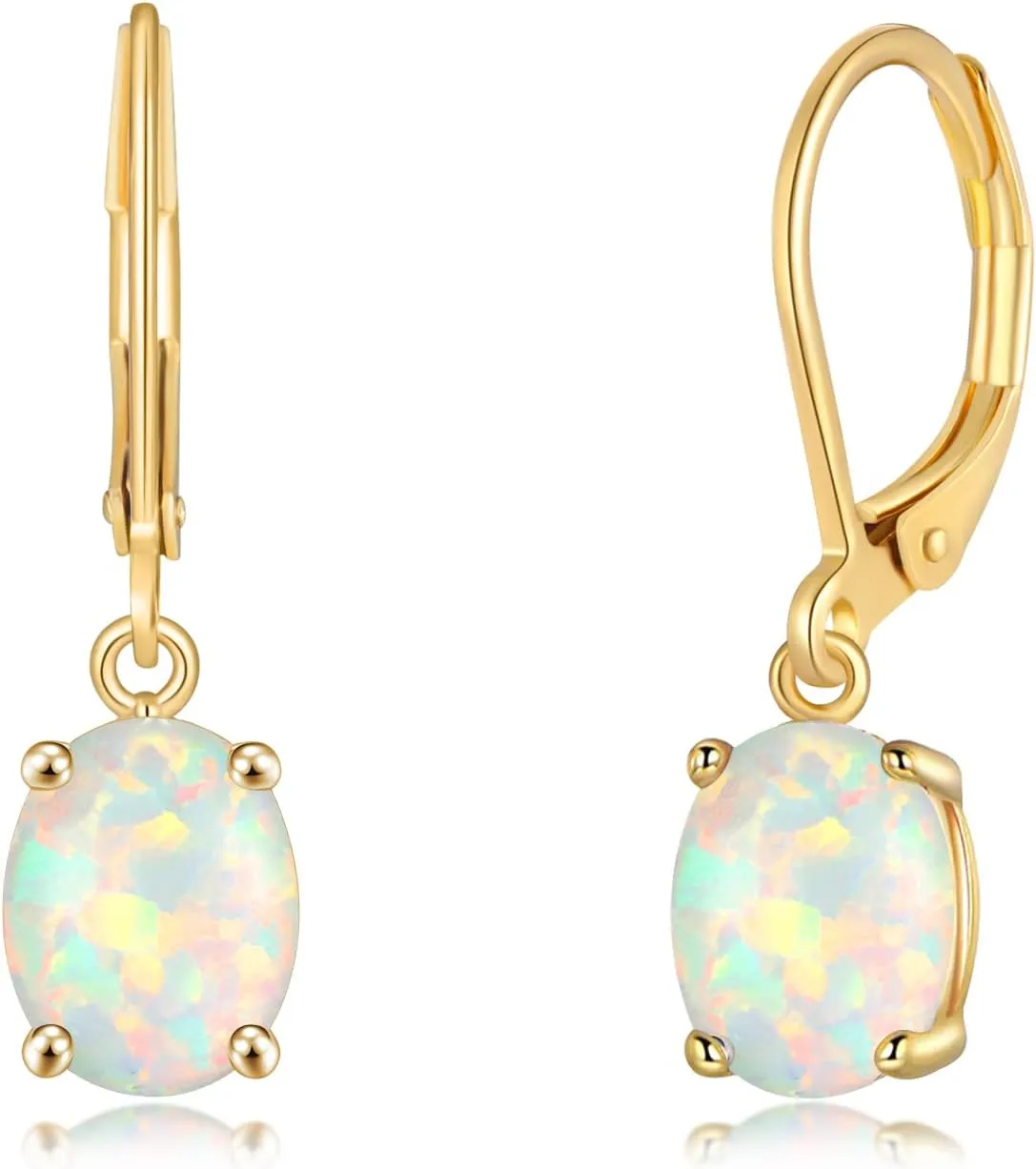 CiNily Oval Cut Opal Dangle Earrings for Women 14K Gold Plated Fire Opal Rhodium Plated Leverback Gemstone Drop Earrings Jewelry Mothers Day Gift for Her