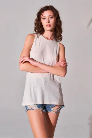 Clay Sleeveless Crew Neck Cut-Out Back Detail Longline Tank Top /1-2-2-1