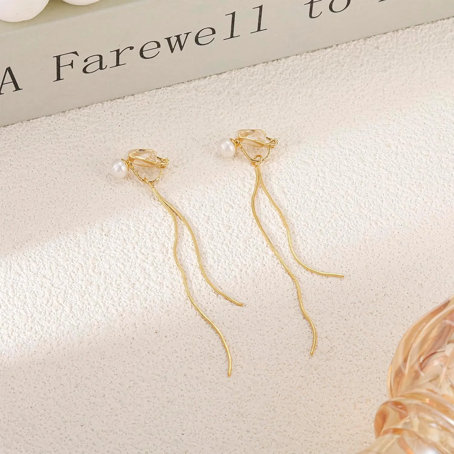 Clip on Earrings for Women 14K Gold Plated Long Dangle White Pearl Earrings Simple No Piercing Hoop Stud Earrings Lightweight Curve Tassel Chain Ear Clips Minimalist Jewelry Wedding Christmas Gift