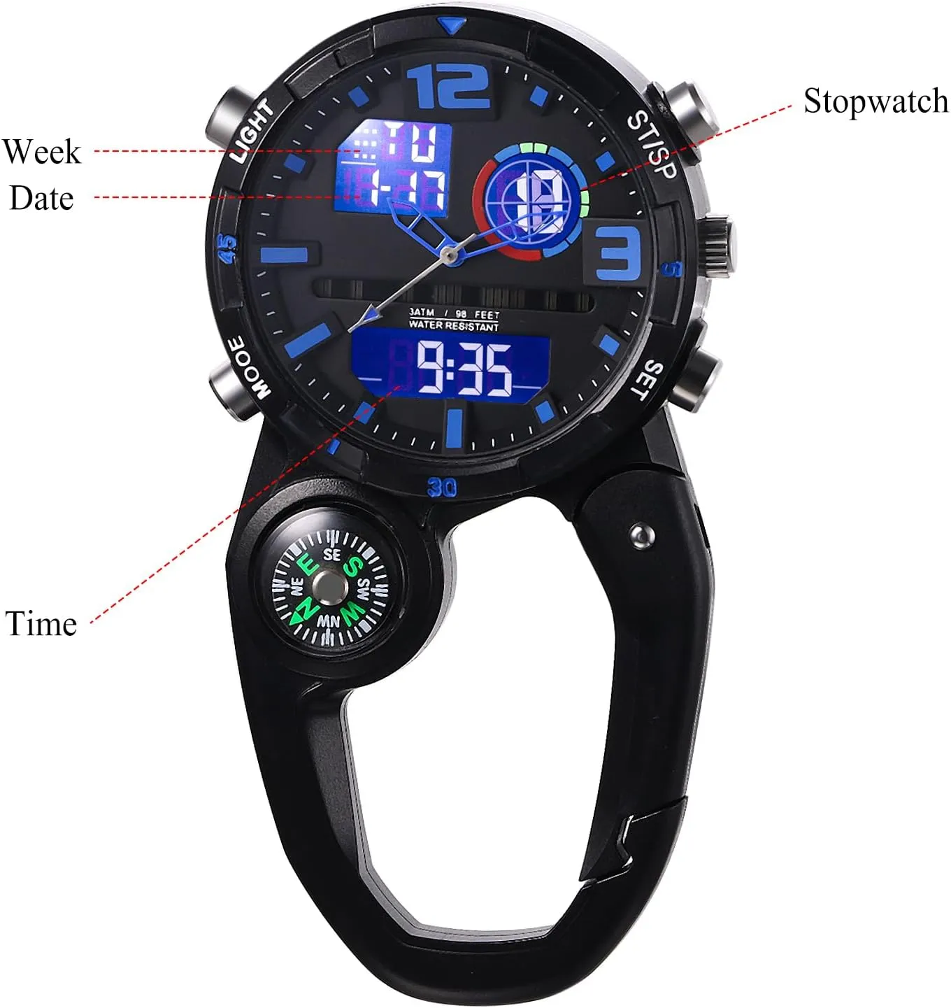 Clip on Multi-Function Digital Carabiner Watch Backpack Fob Watch for Men and Women with Alarm Clock Date Week for Nurses Doctors Chefs Climbers Home Office Outdoor Use