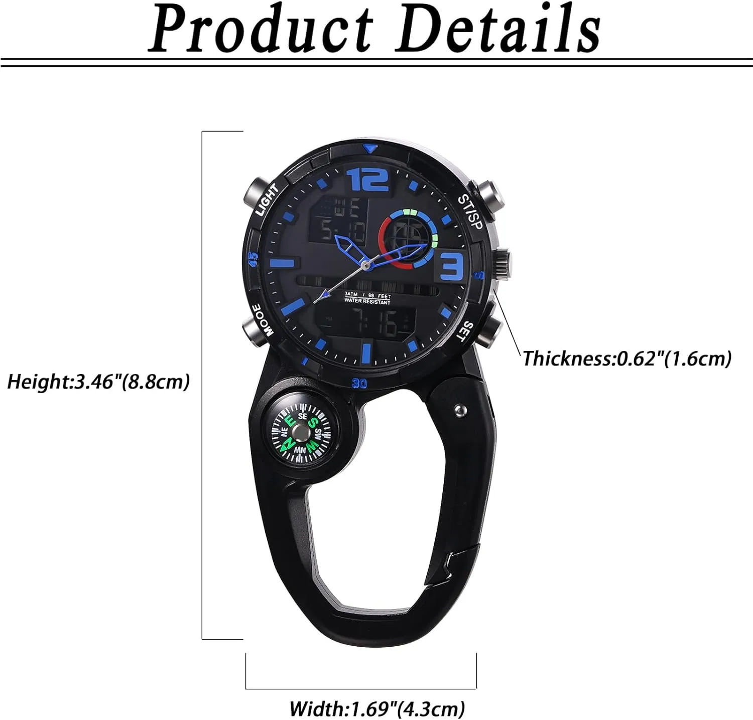 Clip on Multi-Function Digital Carabiner Watch Backpack Fob Watch for Men and Women with Alarm Clock Date Week for Nurses Doctors Chefs Climbers Home Office Outdoor Use