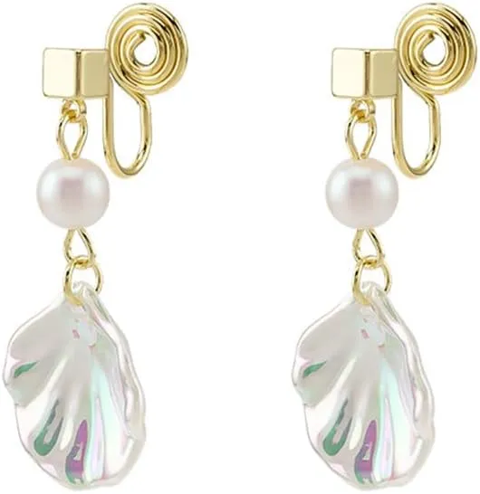 Clip on Sea Shell Pearl Fake Stud Dangle Drop Earrings for Women Non Pierced Ear Cuff Wrap Dangling Lightweight Hypoallergenic Fashion Jewelry Seaside Summer Holiday Gift
