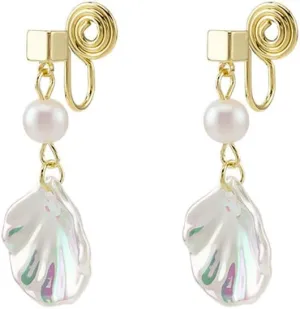 Clip on Sea Shell Pearl Fake Stud Dangle Drop Earrings for Women Non Pierced Ear Cuff Wrap Dangling Lightweight Hypoallergenic Fashion Jewelry Seaside Summer Holiday Gift