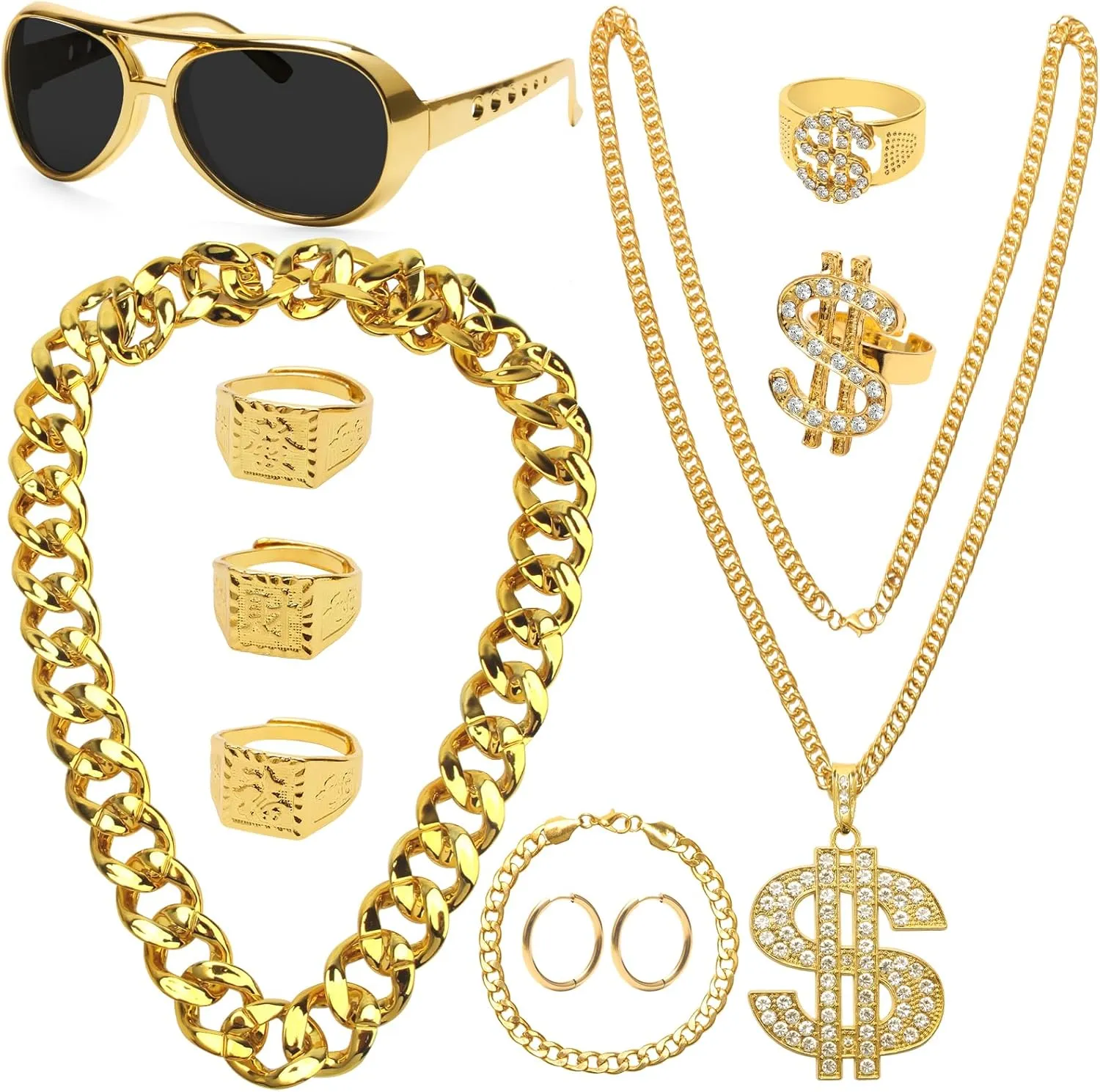 Coitak 11 PCS 80s 90s Hip Hop Costumes Outfit Kit with Fake Gold Chains, Dollar Pendant Necklace, Sunglasses, Dollar Sign Finger Rings, Earrings, Bracele