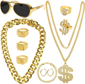 Coitak 11 PCS 80s 90s Hip Hop Costumes Outfit Kit with Fake Gold Chains, Dollar Pendant Necklace, Sunglasses, Dollar Sign Finger Rings, Earrings, Bracele