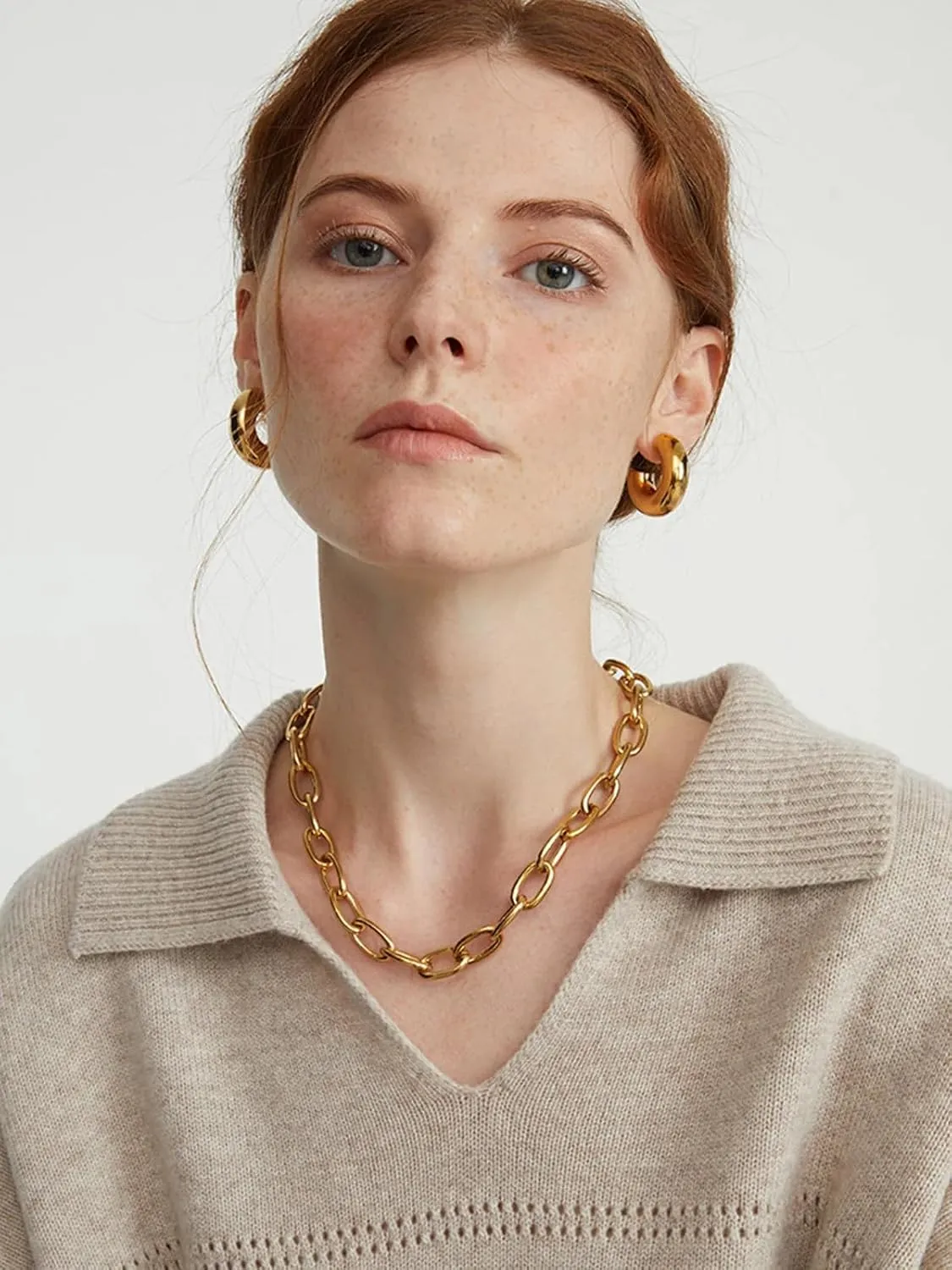 CONRAN KREMIX Waterproof Chunky Gold Hoops Earrings for Women Non Tarnish, Thick Gold Plated Circle Open Hoop,Lightweight Hollow Earrings Trendy
