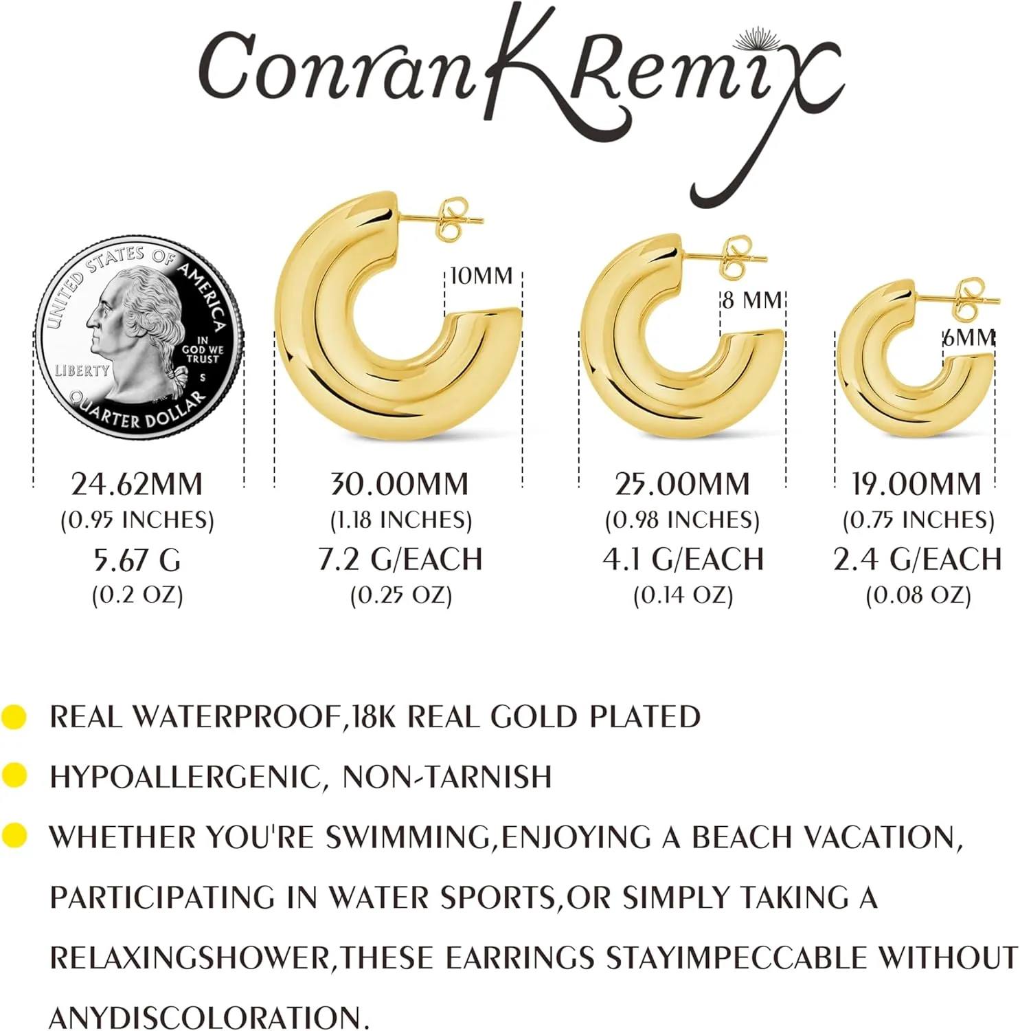 CONRAN KREMIX Waterproof Chunky Gold Hoops Earrings for Women Non Tarnish, Thick Gold Plated Circle Open Hoop,Lightweight Hollow Earrings Trendy
