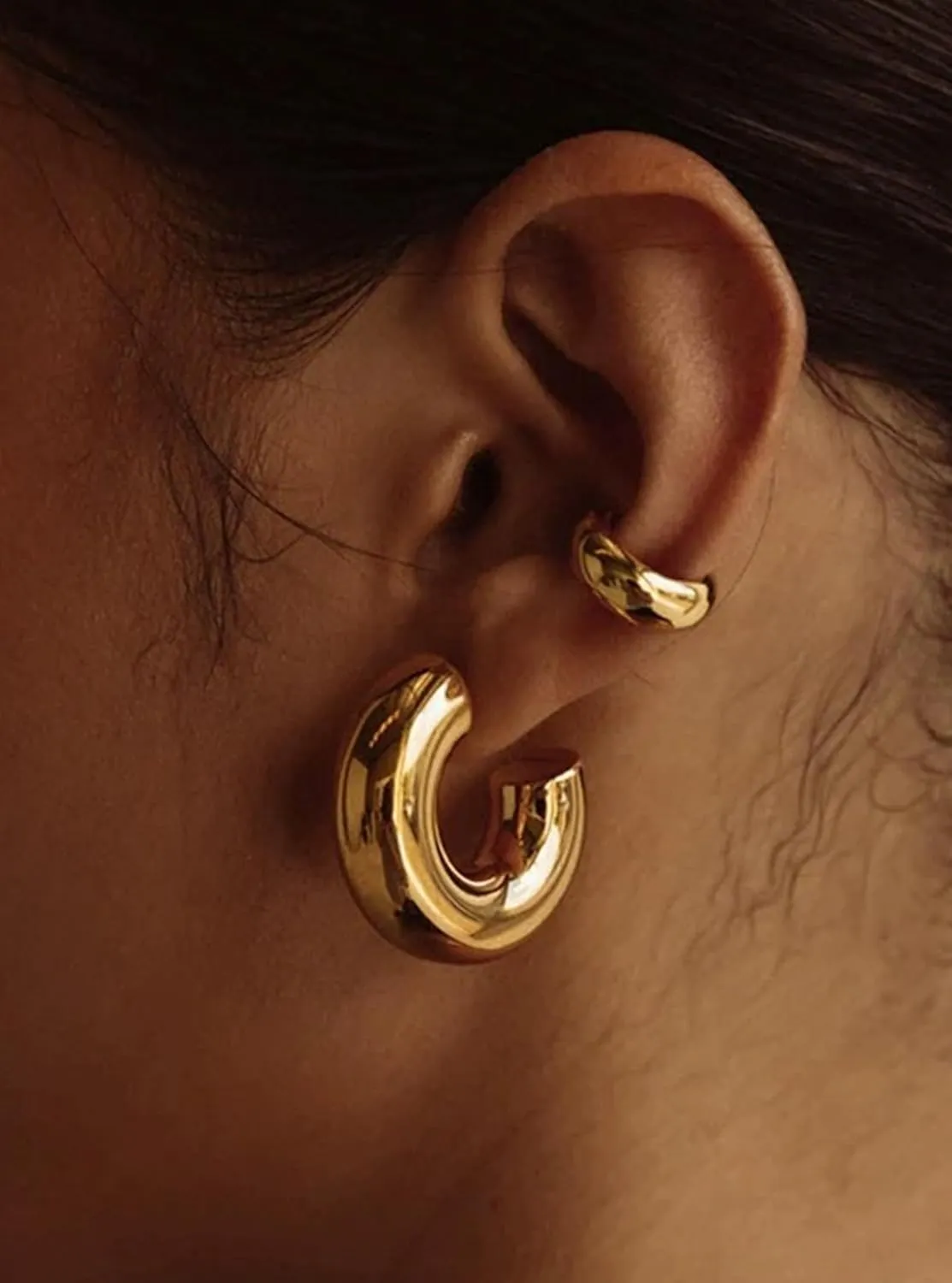 CONRAN KREMIX Waterproof Chunky Gold Hoops Earrings for Women Non Tarnish, Thick Gold Plated Circle Open Hoop,Lightweight Hollow Earrings Trendy