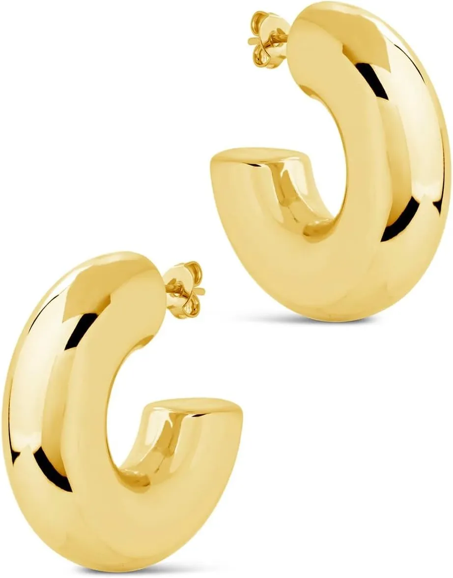CONRAN KREMIX Waterproof Chunky Gold Hoops Earrings for Women Non Tarnish, Thick Gold Plated Circle Open Hoop,Lightweight Hollow Earrings Trendy