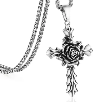 COTTVOTT Rose Cross Pendant Necklace for Women Stainless Steel Link Chain Jewelry 21.65"
