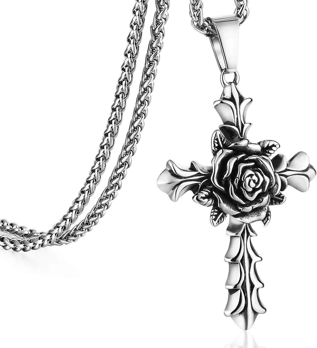 COTTVOTT Rose Cross Pendant Necklace for Women Stainless Steel Link Chain Jewelry 21.65"