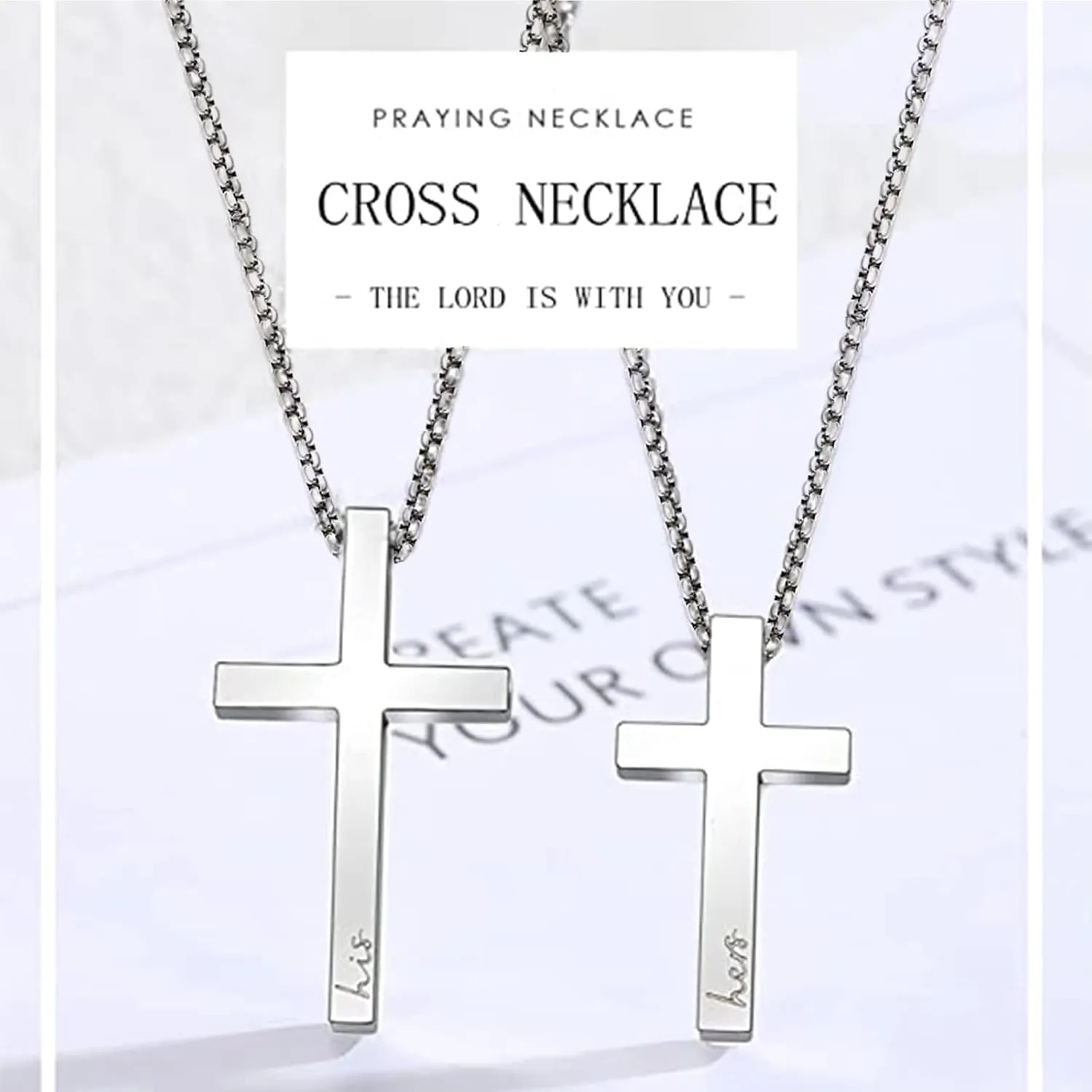 Couple Cross Necklace Set His Hers Stainless Steel Pendant Necklace for Womens Mens