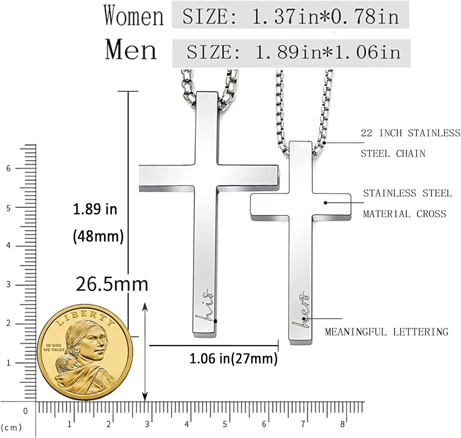 Couple Cross Necklace Set His Hers Stainless Steel Pendant Necklace for Womens Mens