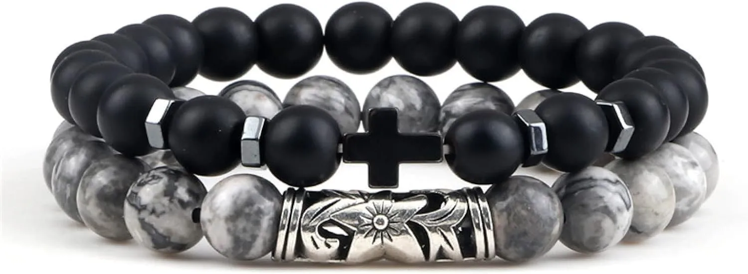 Cross Bracelets Set Hot Men Natural Wood Beads Lava Tiger Eye Stone Onyx Meditation Prayer Bracelet Women Yoga Jewelry Pulseras,Set 8