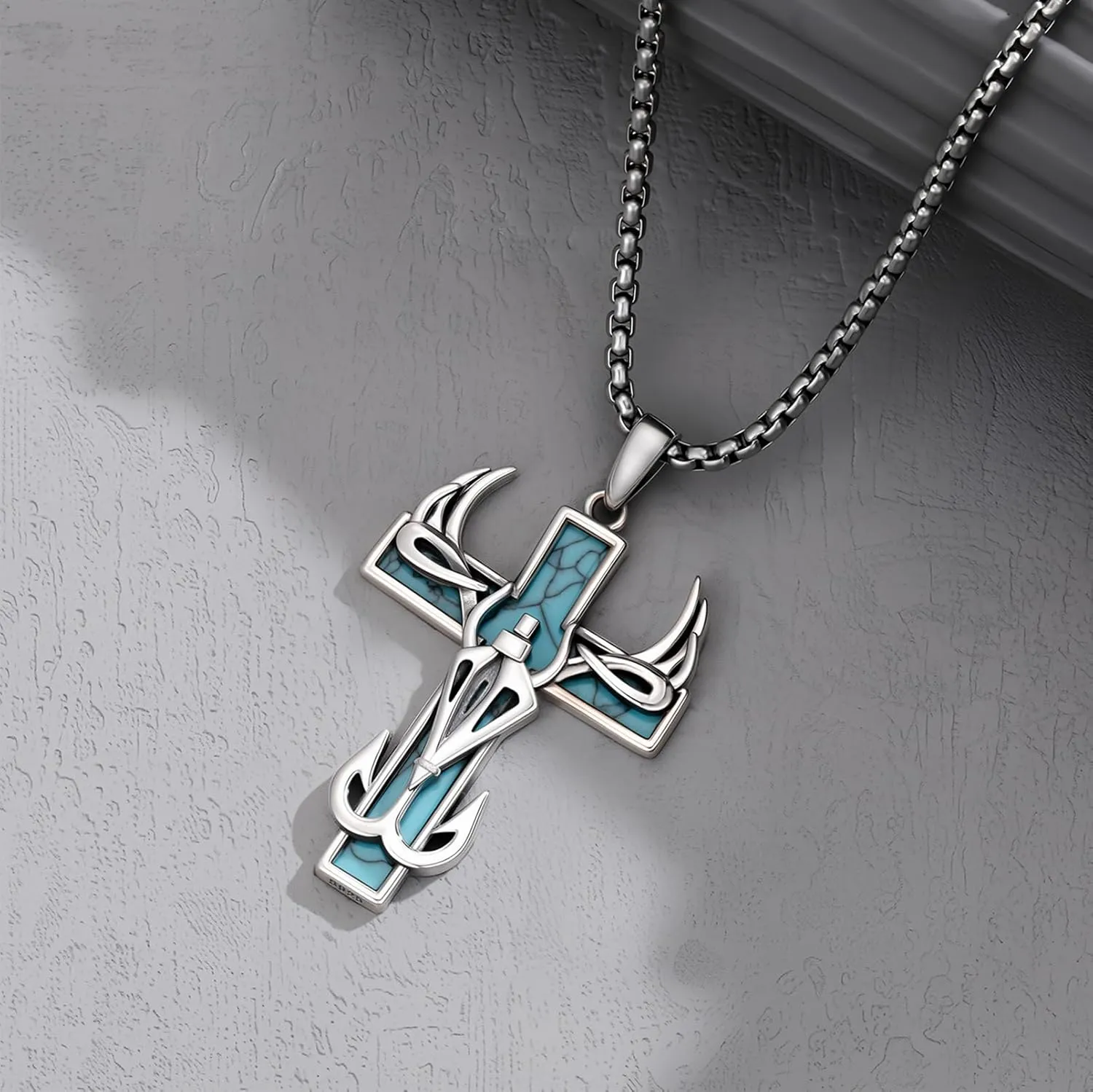 Cross Necklace for Men Fish Hook Antler Pendant 925 Sterling Silver Deer Antler Jewelry Hunting Gifts for Men Boyfriend