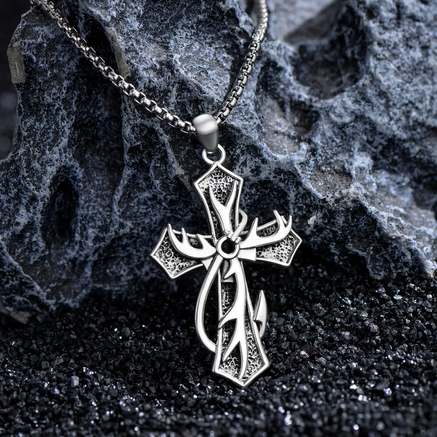 Cross Necklace for Men Fish Hook Antler Pendant 925 Sterling Silver Deer Antler Jewelry Hunting Gifts for Men Boyfriend