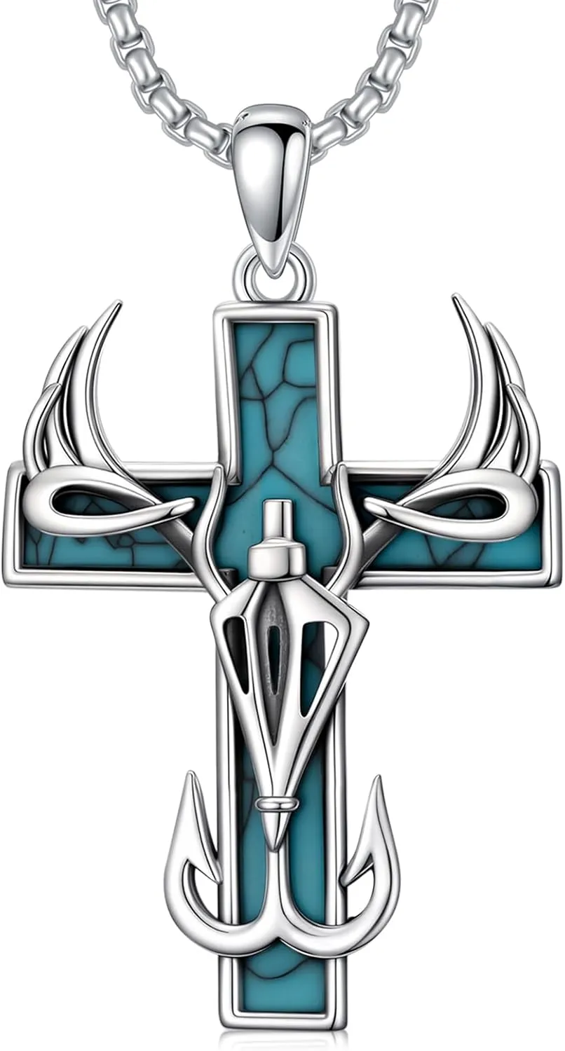 Cross Necklace for Men Fish Hook Antler Pendant 925 Sterling Silver Deer Antler Jewelry Hunting Gifts for Men Boyfriend