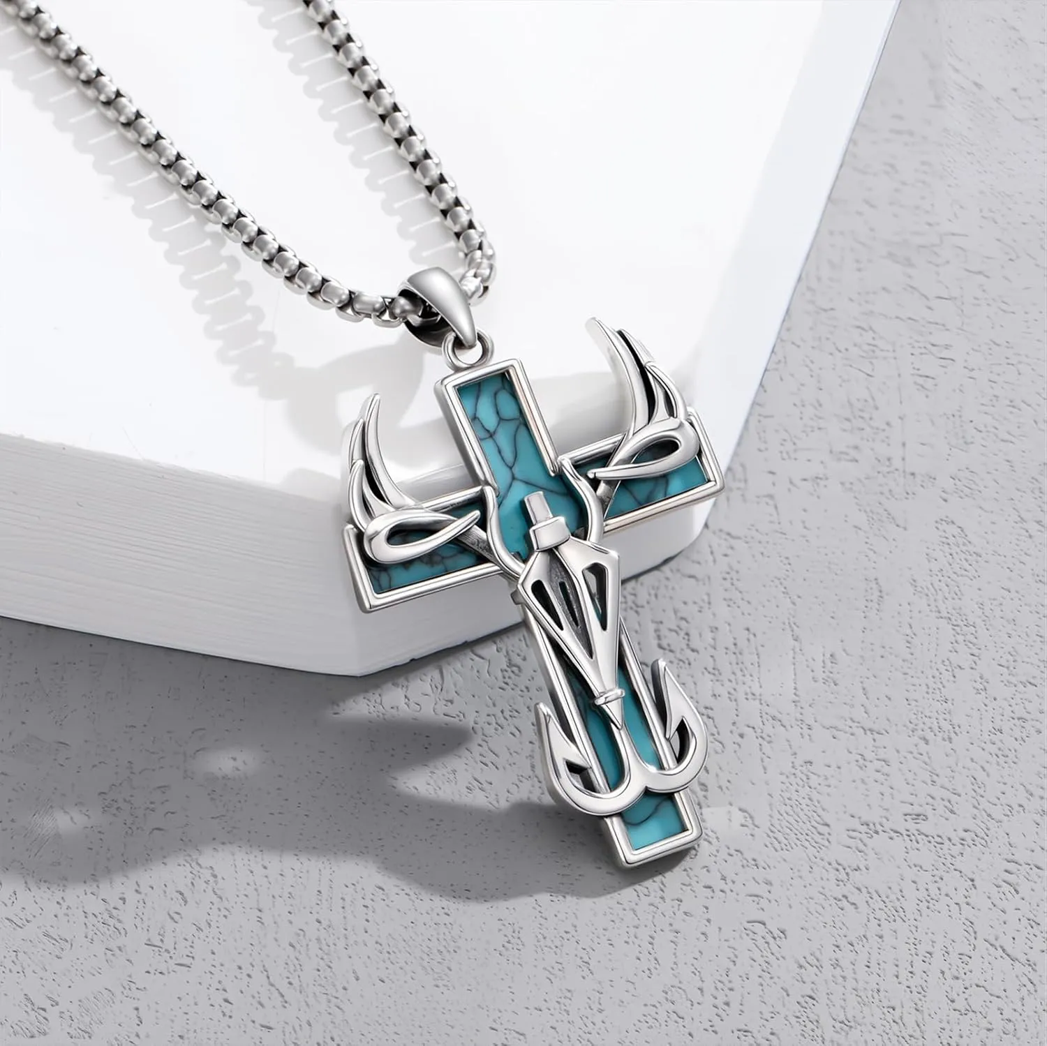 Cross Necklace for Men Fish Hook Antler Pendant 925 Sterling Silver Deer Antler Jewelry Hunting Gifts for Men Boyfriend
