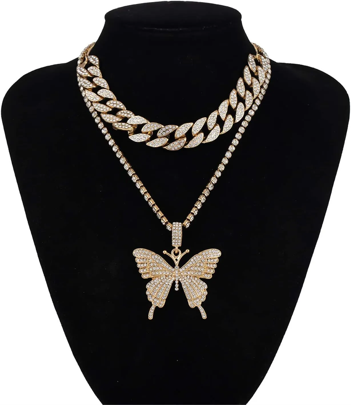 Cuban Butterfly Link Necklace for Women, Hip Hop Gold Crystal Choker Necklace Chain with Bling Bling Rhinestone Large Butterfly Pendant Necklace Jewellery Fashion Accessory for Girls
