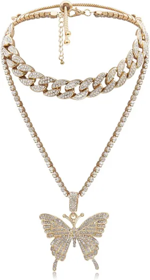 Cuban Butterfly Link Necklace for Women, Hip Hop Gold Crystal Choker Necklace Chain with Bling Bling Rhinestone Large Butterfly Pendant Necklace Jewellery Fashion Accessory for Girls