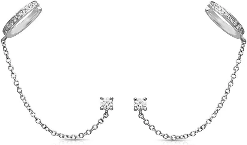 Cuff Small Hoop Halo CZ Stud Chain Climber Crawler Earrings for Women Cartilage Double Holes S925 Sterling Silver Hypoallergenic Fashion Personalized Threader Tiny Huggie Hoops Gifts Bff Birthday