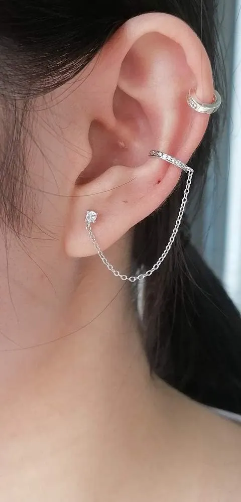 Cuff Small Hoop Halo CZ Stud Chain Climber Crawler Earrings for Women Cartilage Double Holes S925 Sterling Silver Hypoallergenic Fashion Personalized Threader Tiny Huggie Hoops Gifts Bff Birthday