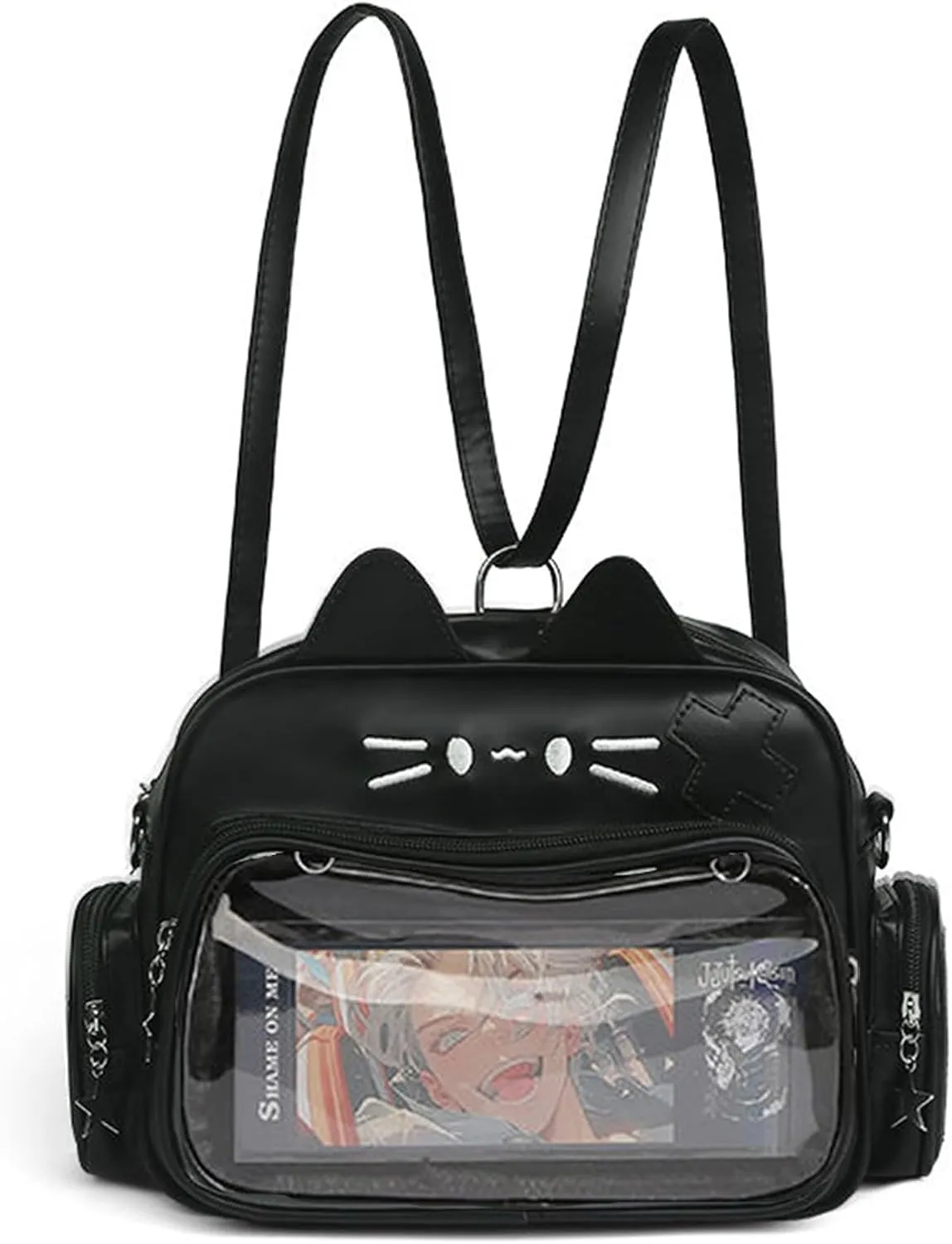 Cute Cat Ita Bag Pin Display Backpack for PU Preppy Backpack for Y2K girls Single Shoulder Crossbody(black CAT)