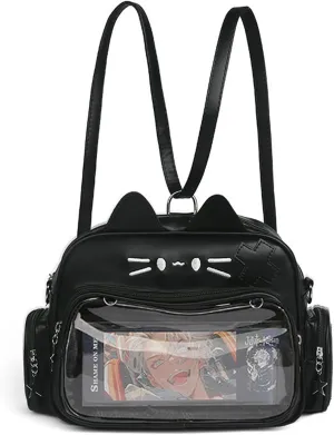 Cute Cat Ita Bag Pin Display Backpack for PU Preppy Backpack for Y2K girls Single Shoulder Crossbody(black CAT)