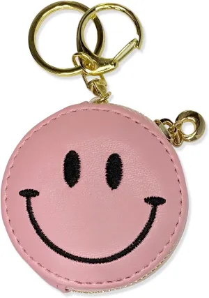 Cute Happy Face Positive Smile Zipper Coin Wallet Purse Pouch with Keychain Soft Synthetic Leather Attached Key Ring - Pink