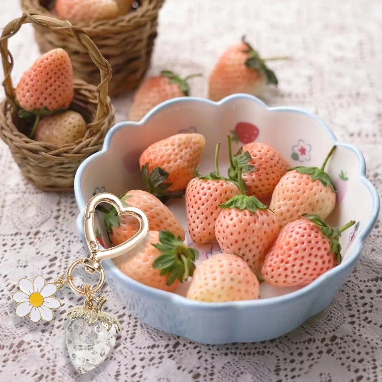 Cute Strawberry Keychain Bag Purse Charms Heart Flower Keychain Accessories for Girls Women Gift