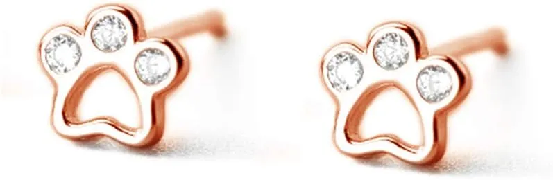 CZ Paw Earrings for Women Girls S925 Sterling Silver Cubic Zirconia Tiny Stud Tragus Post Pin Cute Paw Kitten Cat Puppy Dog Print Earrings Hypoallergenic Jewelry Gift for Pet Lover