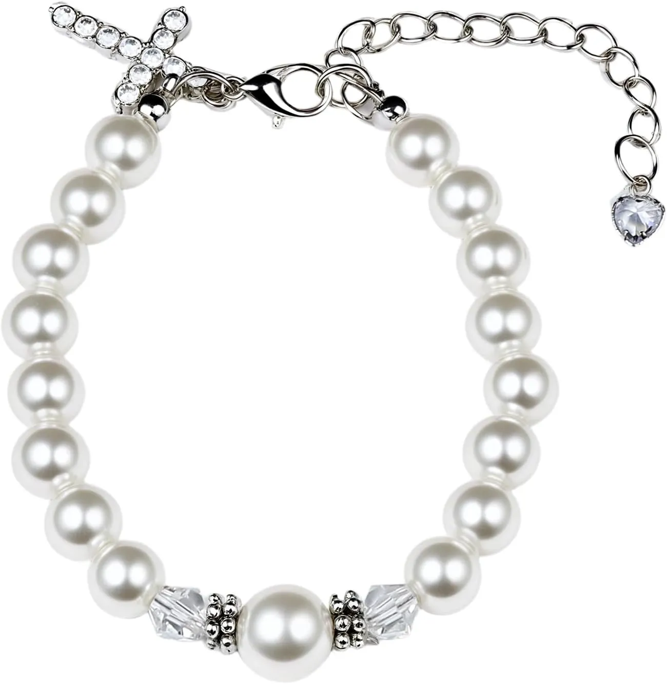 Dainty Tiny Cross Imitative Pearls Crystal Bracelets for Women Adjustable Christian Religious Catholic Link Chain Wristband Mother's Day Valentine's Day Easter Christmas Gift