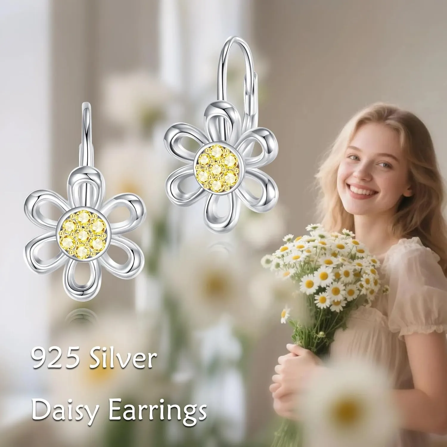 Daisy Earrings Gifts for Women Sterling Silver Flower Leverback Dangle Hoop Jewelry Christmas Gifts