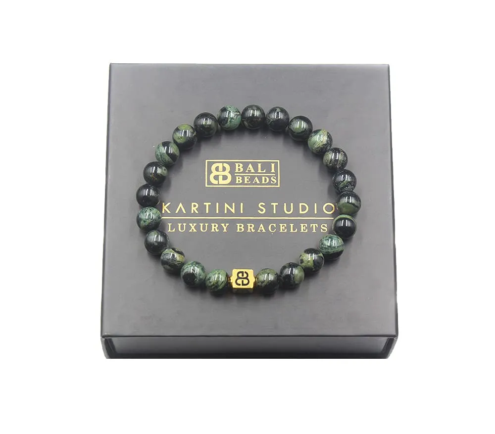Dark Green Jade and 22 Karat Gold Bracelet, Men's Jade Bracelet, Quality Bead Jewelry for Man