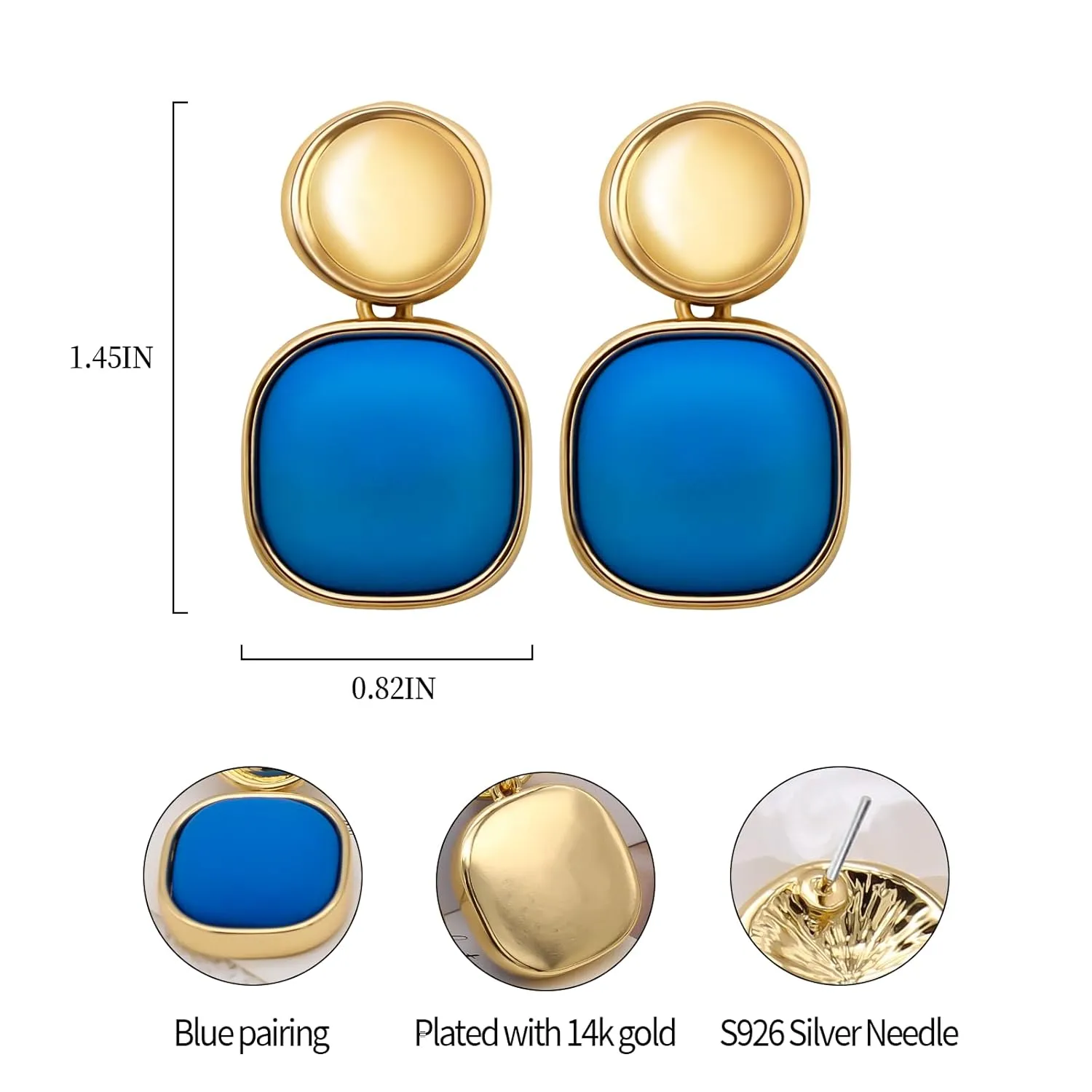 DAZLIME Gold Earrings for Women,14K Square Earrings Handmade Geometry Blue Statement Drop Earrings,Vintage Jewelry for Women,Wedding Guest Hypoallergenic Fashion Jewelry Gift