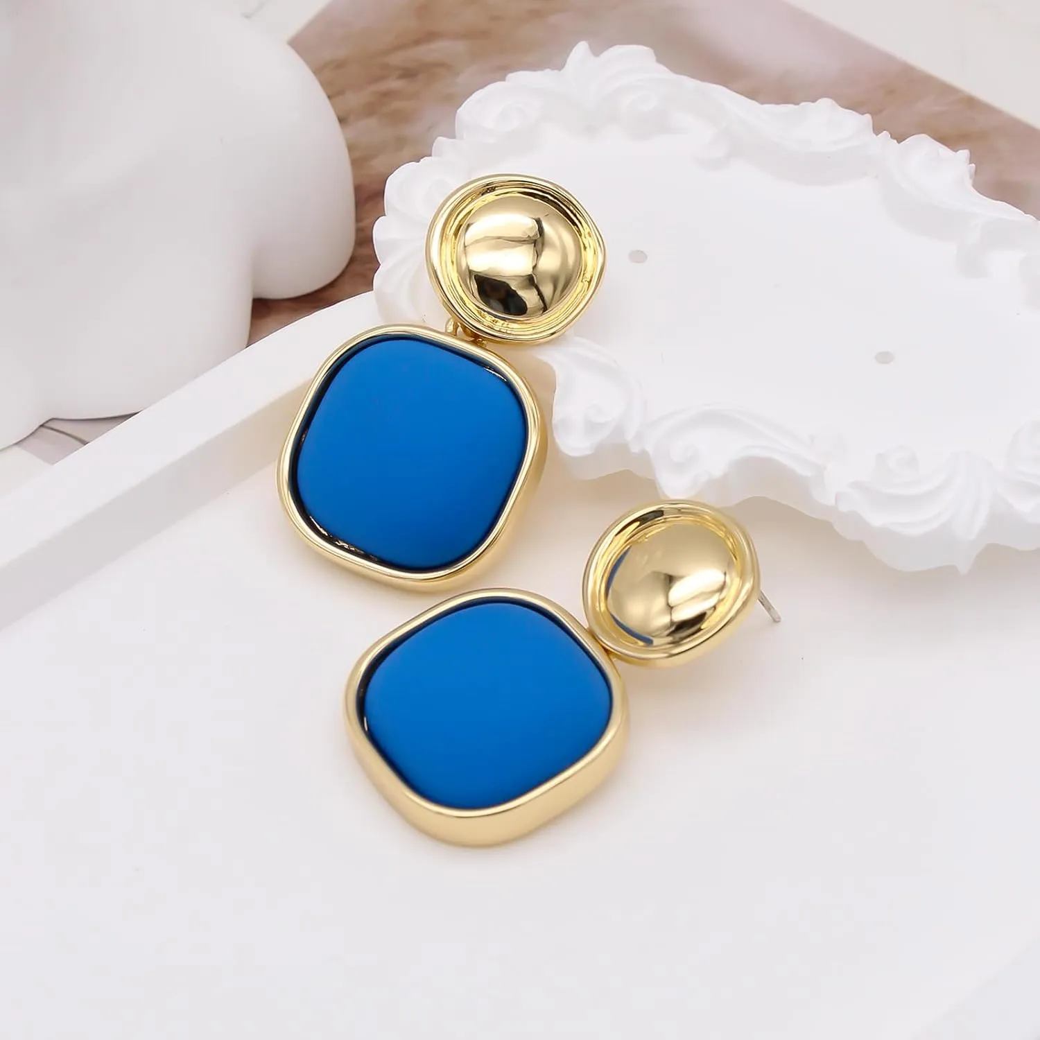 DAZLIME Gold Earrings for Women,14K Square Earrings Handmade Geometry Blue Statement Drop Earrings,Vintage Jewelry for Women,Wedding Guest Hypoallergenic Fashion Jewelry Gift