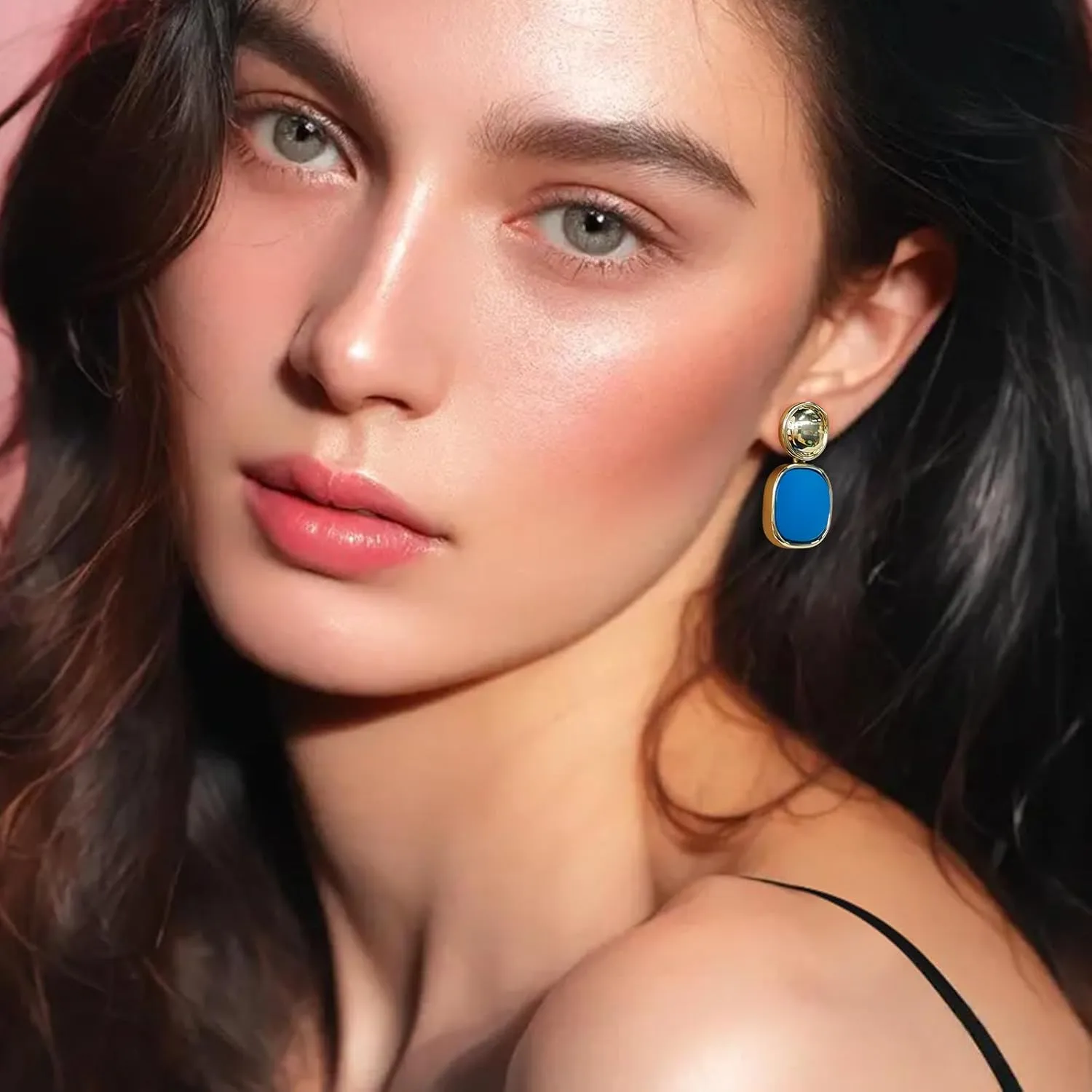 DAZLIME Gold Earrings for Women,14K Square Earrings Handmade Geometry Blue Statement Drop Earrings,Vintage Jewelry for Women,Wedding Guest Hypoallergenic Fashion Jewelry Gift