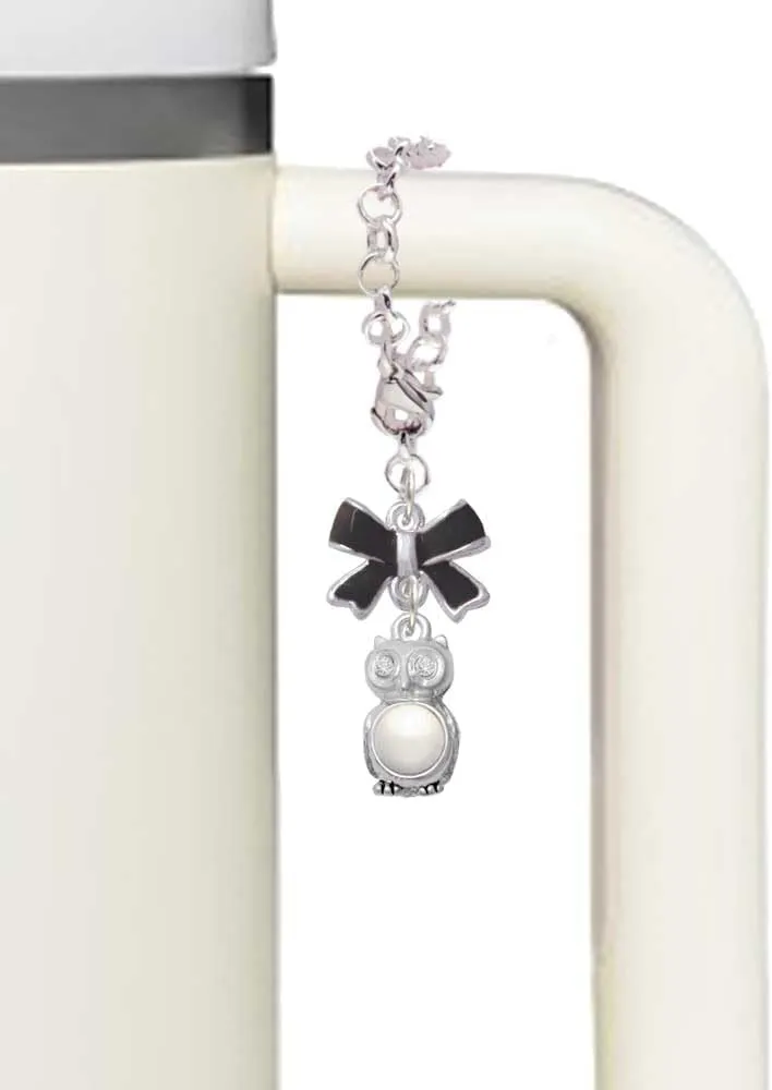 Delight Jewelry Silvertone 3-D Crystal Owl - Black Bow Charm Accessory for Tumblers and Thermal Cups