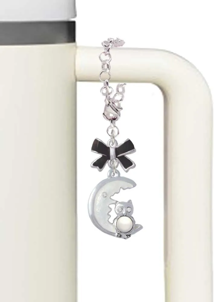 Delight Jewelry Silvertone Large Owl Sitting on Moon - Black Bow Charm Accessory for Tumblers and Thermal Cups