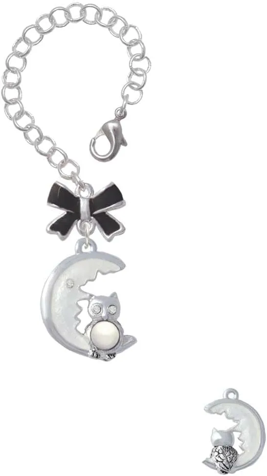 Delight Jewelry Silvertone Large Owl Sitting on Moon - Black Bow Charm Accessory for Tumblers and Thermal Cups