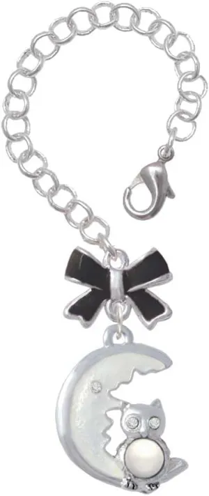 Delight Jewelry Silvertone Large Owl Sitting on Moon - Black Bow Charm Accessory for Tumblers and Thermal Cups
