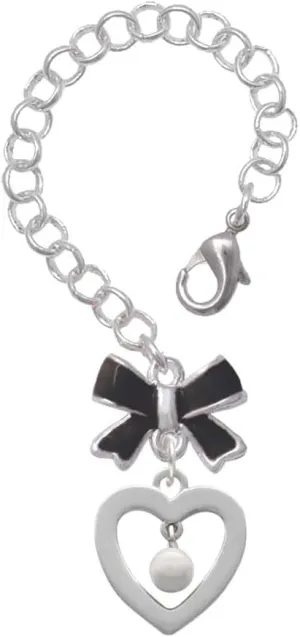 Delight Jewelry Silvertone Open heart with Imitation Pearl Drop - Black Bow Charm Accessory for Tumblers and Thermal Cups